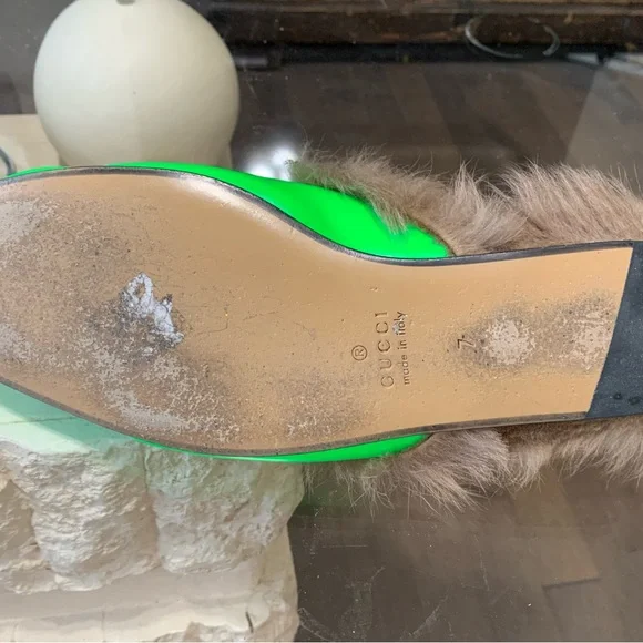 Neon green fur lined Gucci slip ons - Picture 9 of 10